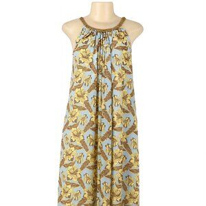 Light Blue Floral Maxi Skirt with Yellow and Brown Print